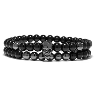 Double bracelet en perle onyx noir tête de mort noir