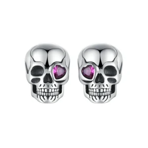 Boucles d'oreilles tête de mort en argent sterling 925 avec un oeil rose en forme de coeur