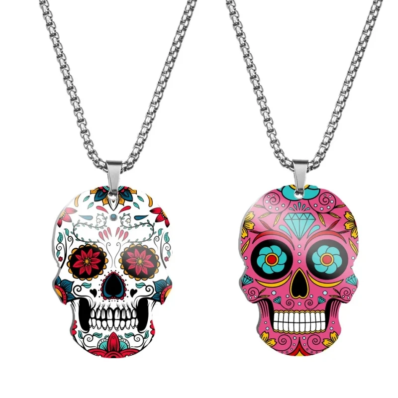 Pendentif tête de mort Mexicaine colorée avec chaine